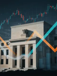 Federal Reserve building with interest rate charts and market trend indicators for mid-2025 economic outlook