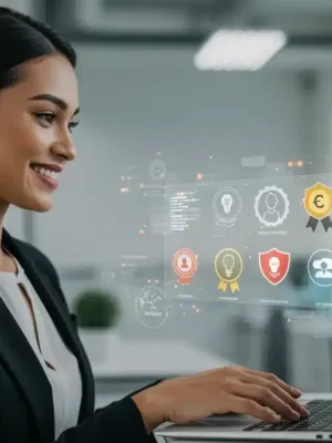 Professional woman reviewing online certification programs on a laptop for career advancement in 2025.