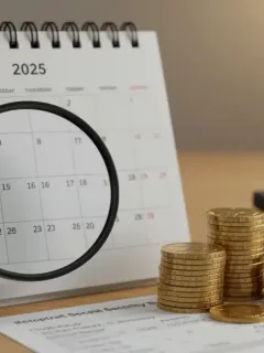 Calendar 2025 with magnifying glass and coins, symbolizing Social Security COLA adjustment