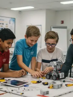 Students and teacher engaged in a STEM robotics project in a modern classroom