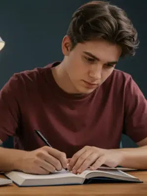 High school student studying for 2025 PSAT/SAT with textbooks and laptop
