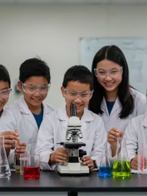Students conducting a science experiment in a modern laboratory