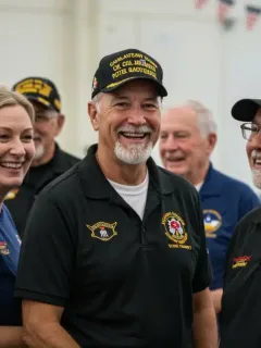 Veterans engaging in a supportive community event, highlighting camaraderie and access to benefits.