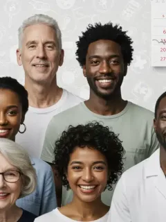 Diverse group smiling with healthcare symbols, representing Medicaid expansion benefits in 2026.