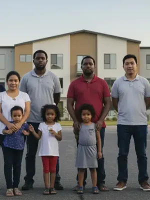 Diverse families gather outside modern affordable housing complex, symbolizing hope and community support for Housing Assistance Benefits 2026.