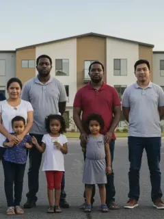 Diverse families gather outside modern affordable housing complex, symbolizing hope and community support for Housing Assistance Benefits 2026.