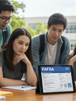 College students reviewing FAFSA forms on a tablet, discussing financial aid.