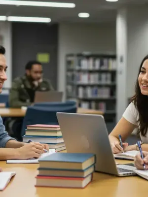 Students discussing college finances and tax credits in a modern library