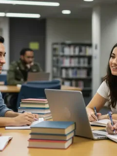 Students discussing college finances and tax credits in a modern library