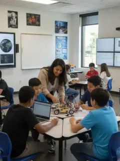 Diverse students engaged in hands-on STEM learning with robots and technology.