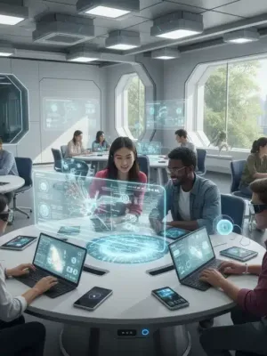 Students using AI-powered learning tools in a modern classroom, symbolizing the future of education.