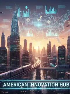 Futuristic cityscape with digital tech growth trends overlay