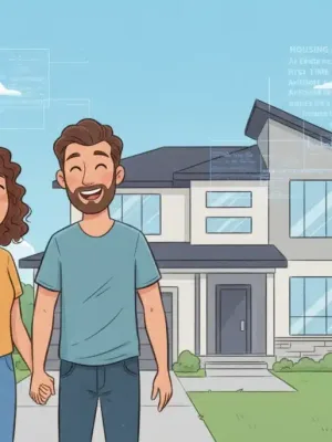 First-time homebuyers reviewing new housing bill documents outside a suburban home.