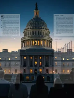 US Capitol Building with overlaid legislative documents and data graphs, symbolizing congressional bills and their impact.