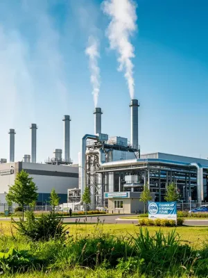 Industrial smokestacks emitting clean air, symbolizing reduced carbon emissions
