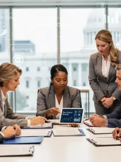 Federal employees reviewing new benefit policies on a tablet in a modern office