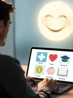Employee analyzing digital dashboard showing various benefits options