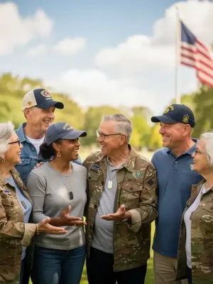 Veterans smiling and conversing outdoors, symbolizing community and support for 2026 benefits.