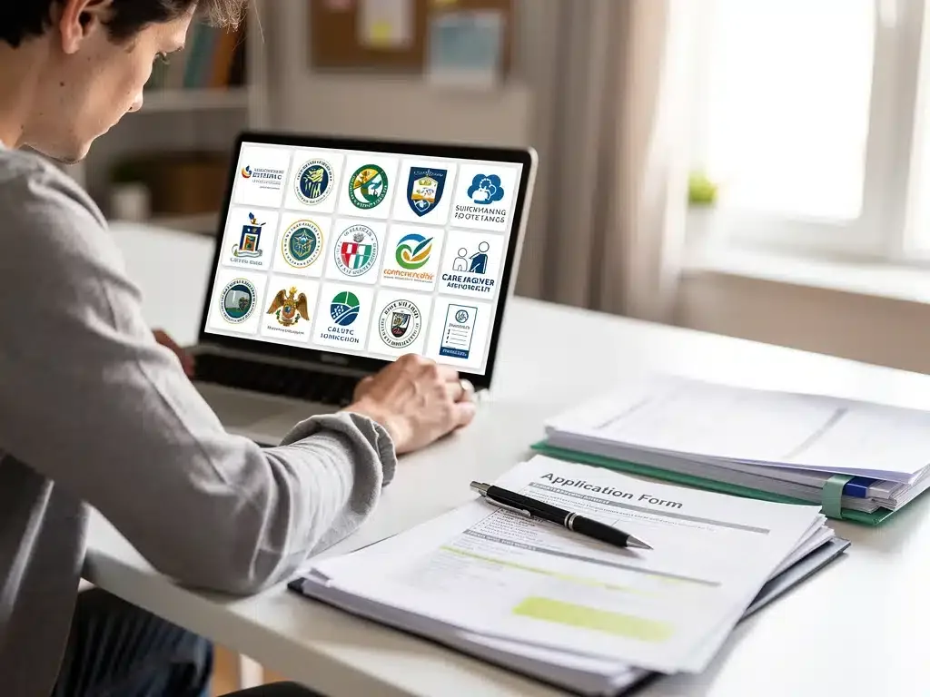 Caregiver researching government financial assistance programs online.