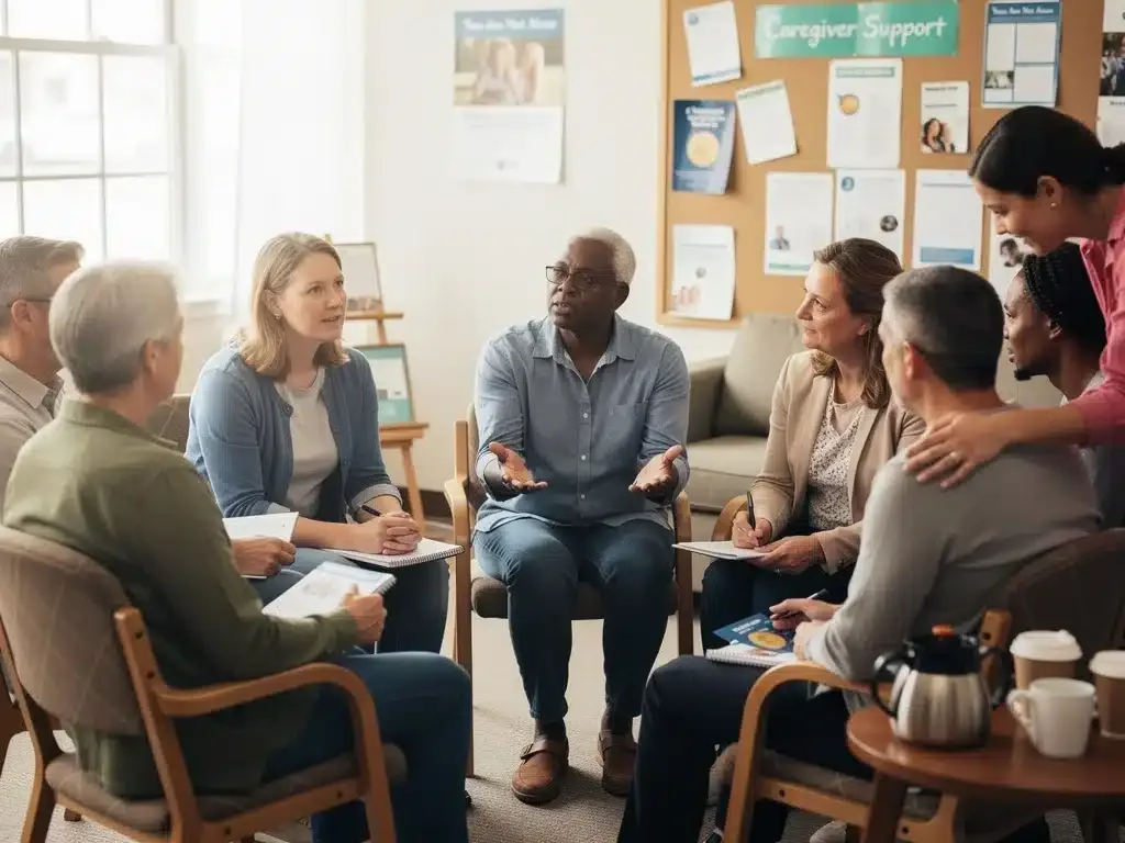 Caregivers participating in a support group meeting for mutual aid.