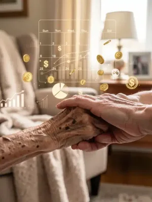 Caregiver holding elderly person's hand, symbolizing support and financial aid.