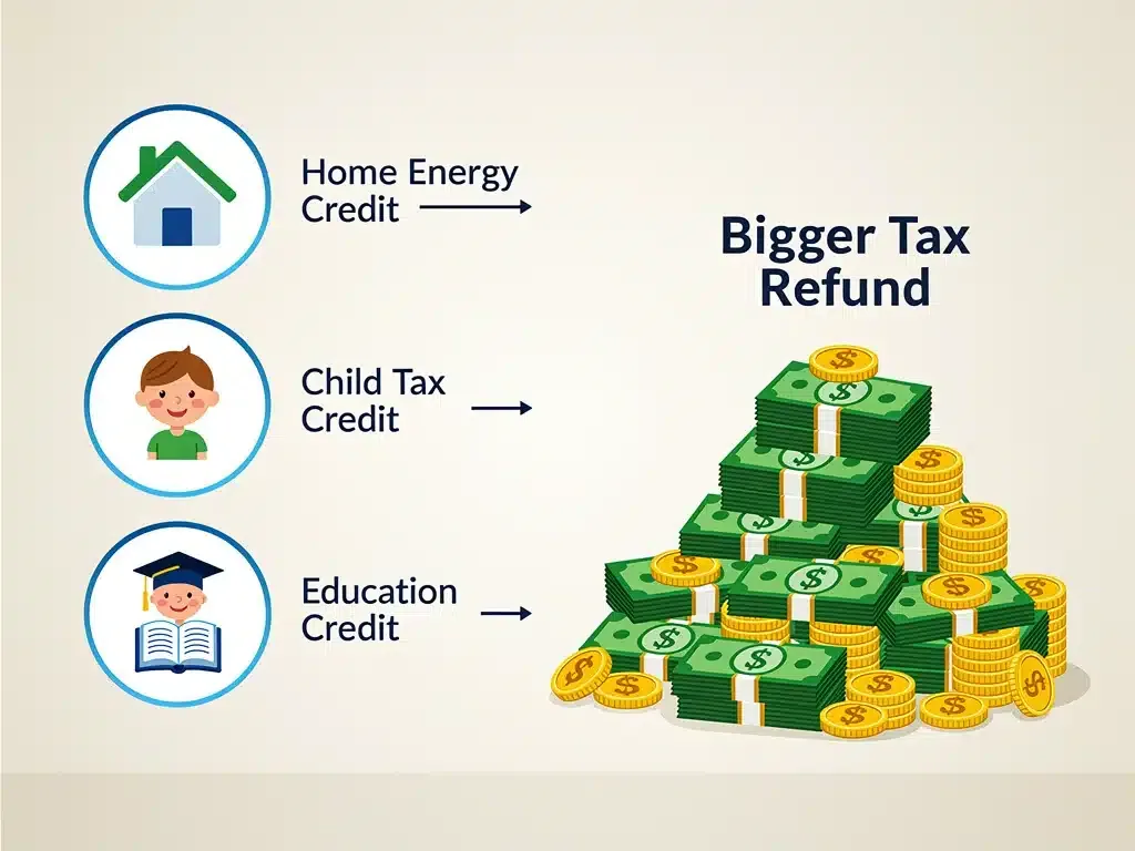 Infographic showing various tax credit categories leading to increased tax refunds for 2026