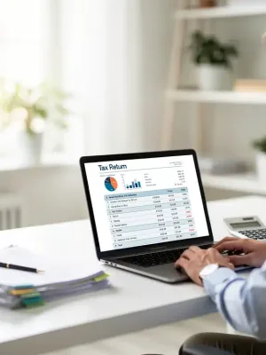 Person reviewing tax documents on laptop, symbolizing financial planning for new tax credits and deductions 2026
