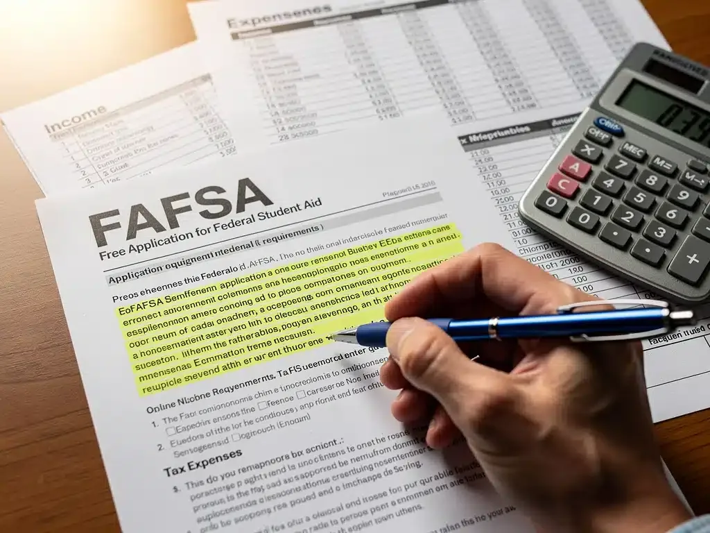 Detailed review of FAFSA application requirements with a pen and financial documents.