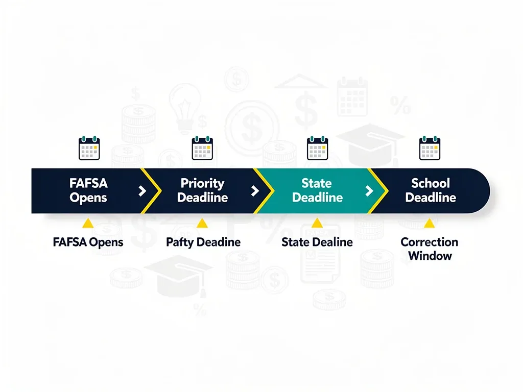 Illustrated timeline highlighting important FAFSA application deadlines and key milestones.
