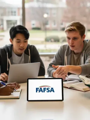 Students collaboratively navigating FAFSA changes on a tablet, symbolizing federal student aid application updates.