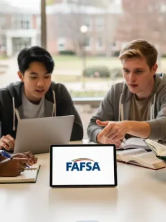 Students collaboratively navigating FAFSA changes on a tablet, symbolizing federal student aid application updates.
