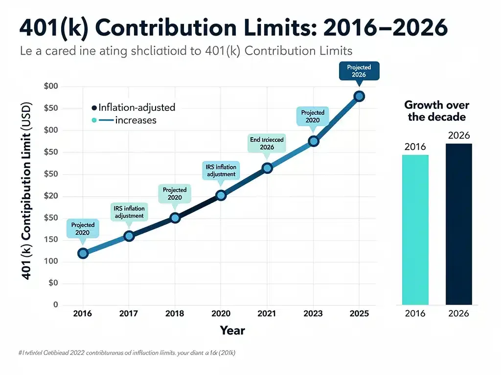 Infographic showing historical and projected 401(k) contribution limit increases.