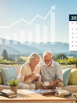 Couple enjoying retirement with growth charts, symbolizing secure financial future in 2026.