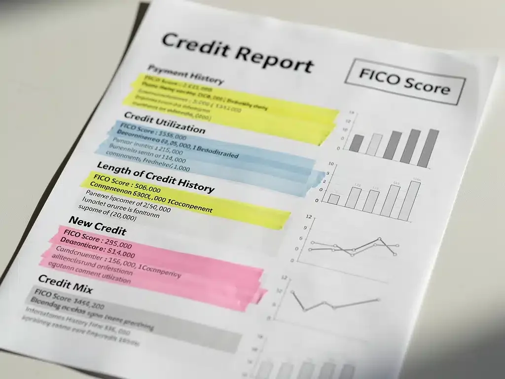 Close-up of a detailed credit report showing key FICO score factors.