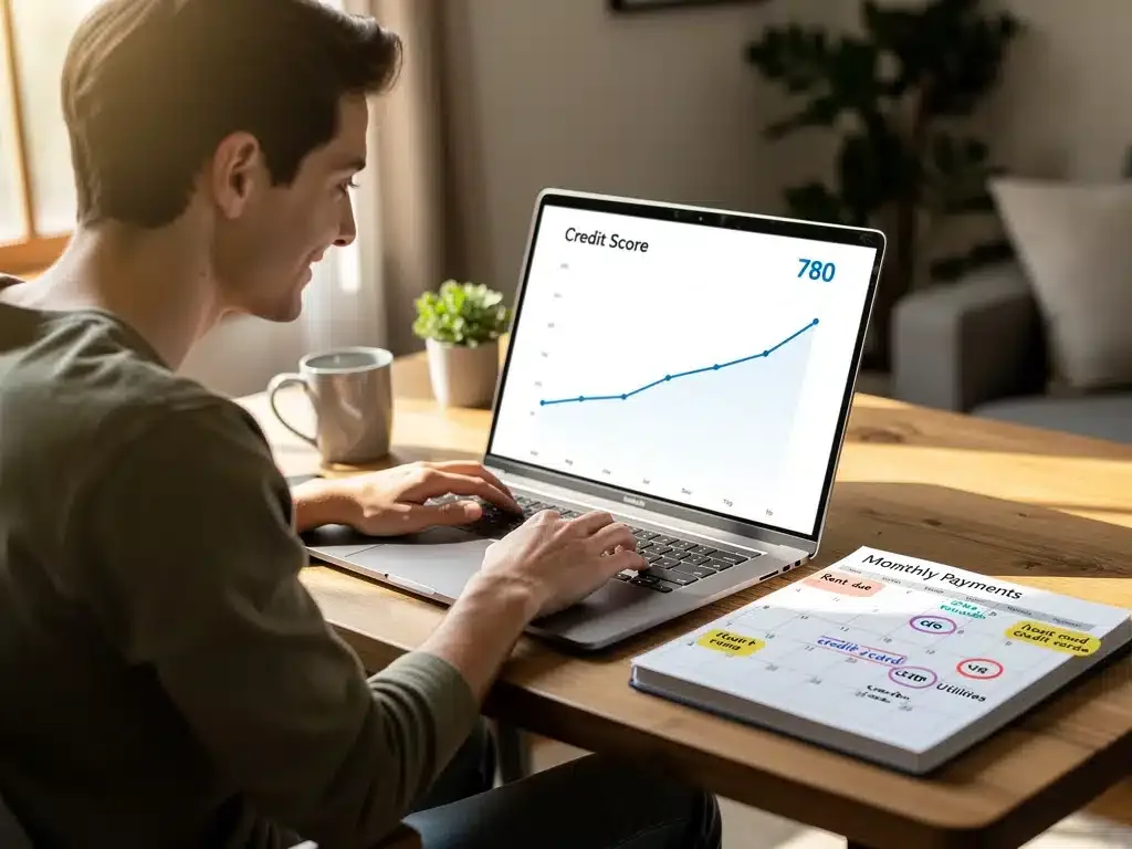 Individual managing finances and credit payments on a laptop, showing credit score growth.