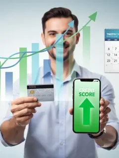 Illustration of a person successfully boosting their FICO score over six months.