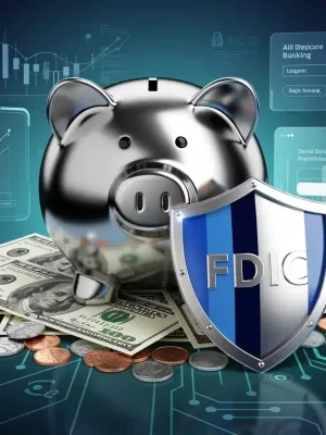 FDIC insurance shield protecting US dollar banknotes and coins in a secure piggy bank, representing deposit safety.