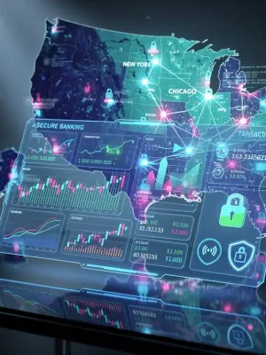 Futuristic digital banking interface with financial charts and secure transaction symbols