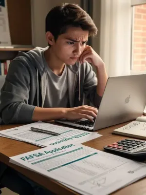 Student reviews FAFSA documents on laptop, symbolizing financial aid navigation