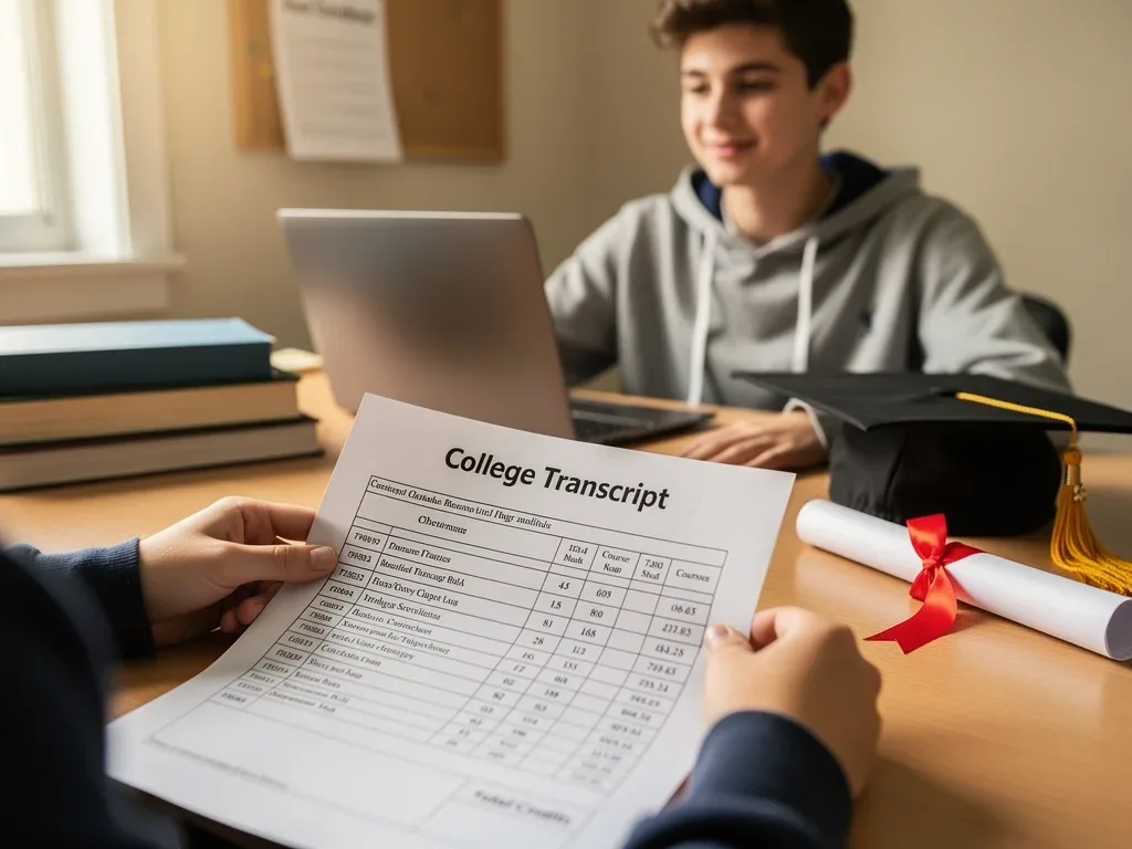 Student reviewing college transcript with dual enrollment credits