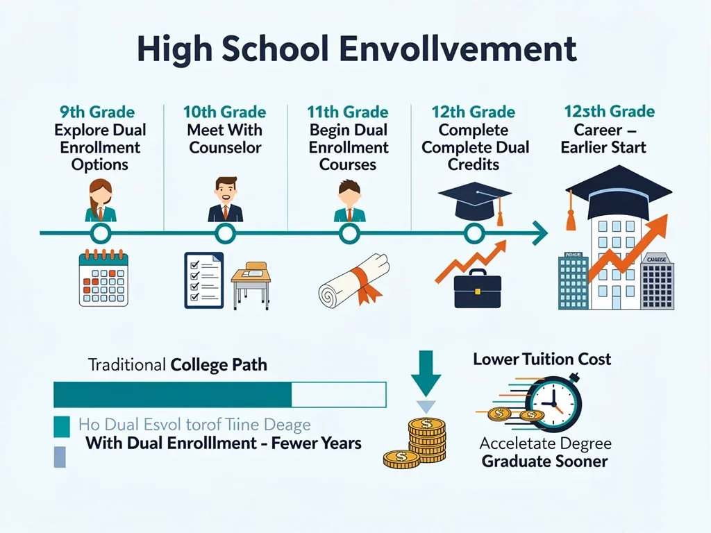 Timeline graphic showing dual enrollment benefits and accelerated college path