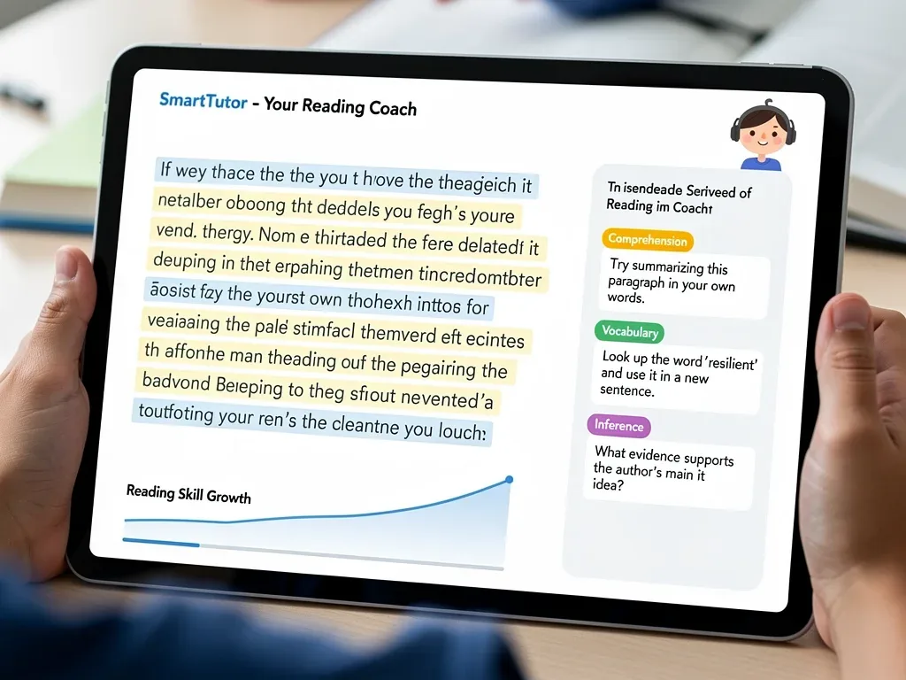 Close-up of a tablet screen displaying adaptive AI tutor feedback on a student's reading.