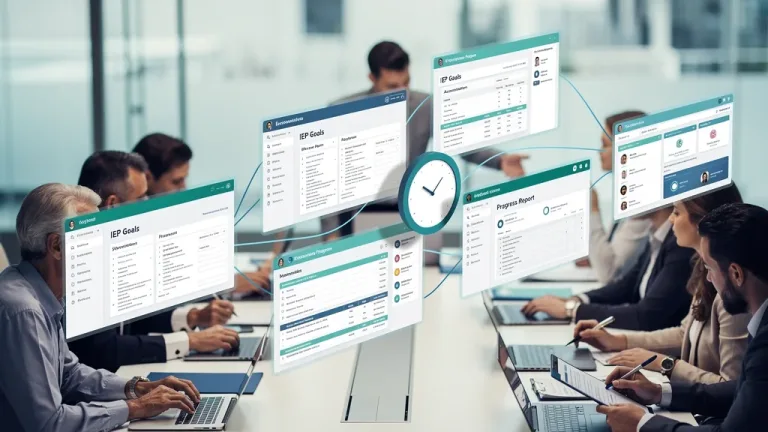 Digital IEP tracking platform interface with data visualization and collaborative educators.