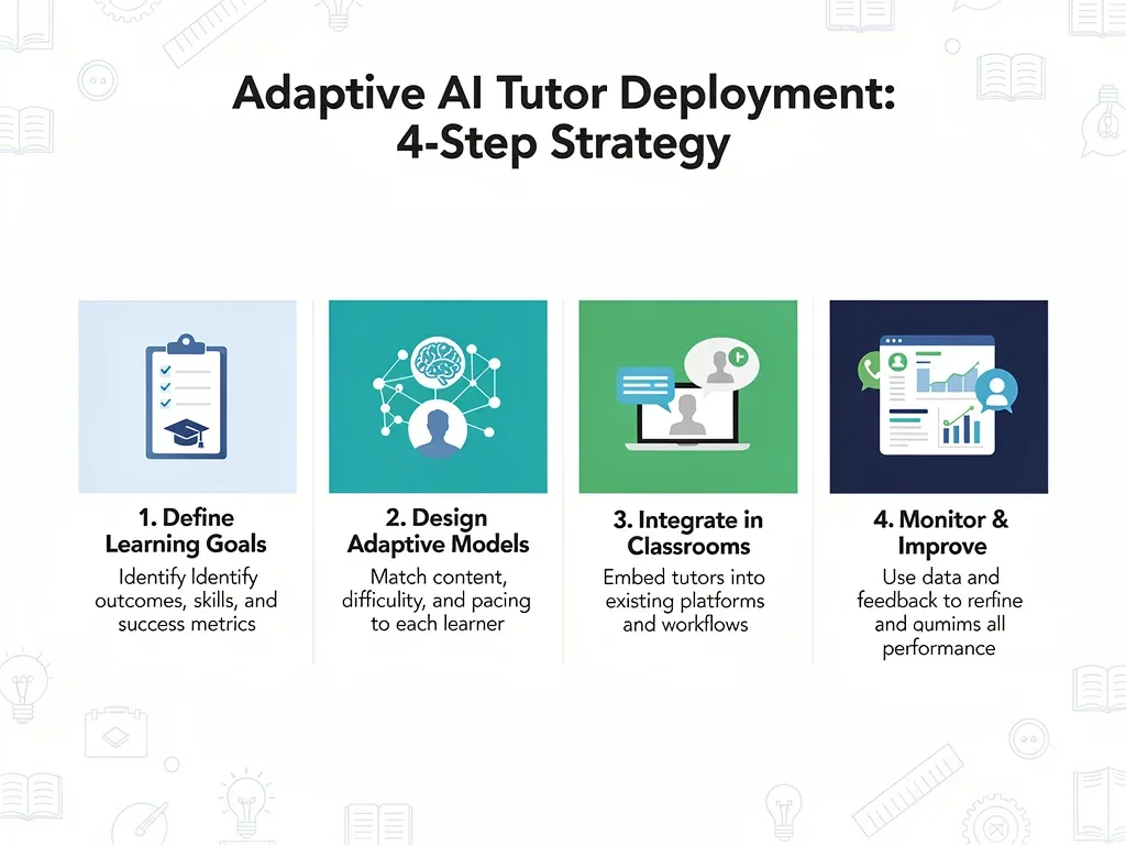 Infographic showing the 4-step strategy for deploying adaptive AI tutors in K-12.