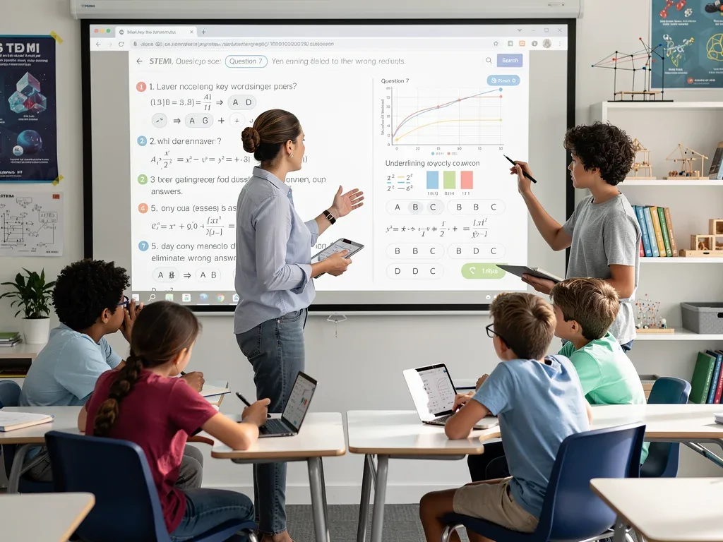 Teacher guiding students through STEM problem-solving for digital exams.