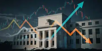 Federal Reserve building with interest rate charts and market trend indicators for mid-2025 economic outlook