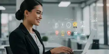 Professional woman reviewing online certification programs on a laptop for career advancement in 2025.