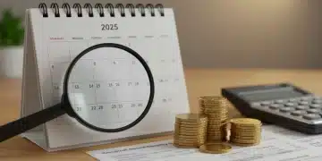 Calendar 2025 with magnifying glass and coins, symbolizing Social Security COLA adjustment