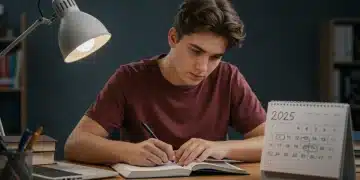 High school student studying for 2025 PSAT/SAT with textbooks and laptop