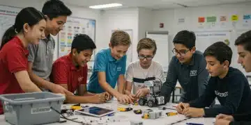 Students and teacher engaged in a STEM robotics project in a modern classroom